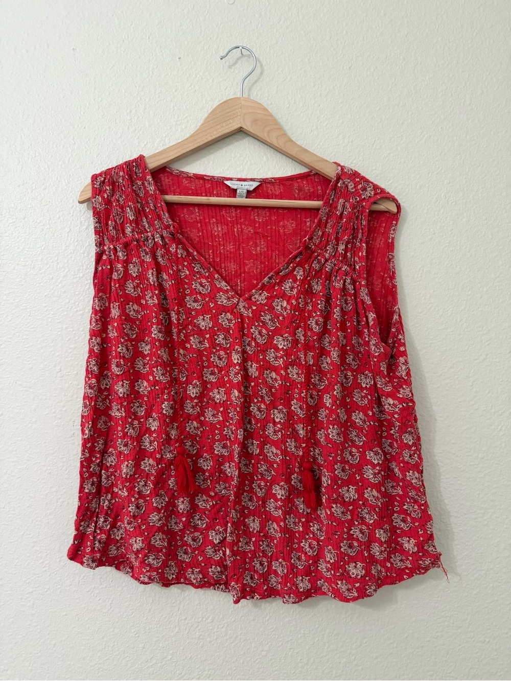 Lucky Brand Red Floral V-Neck Tassel Camisole